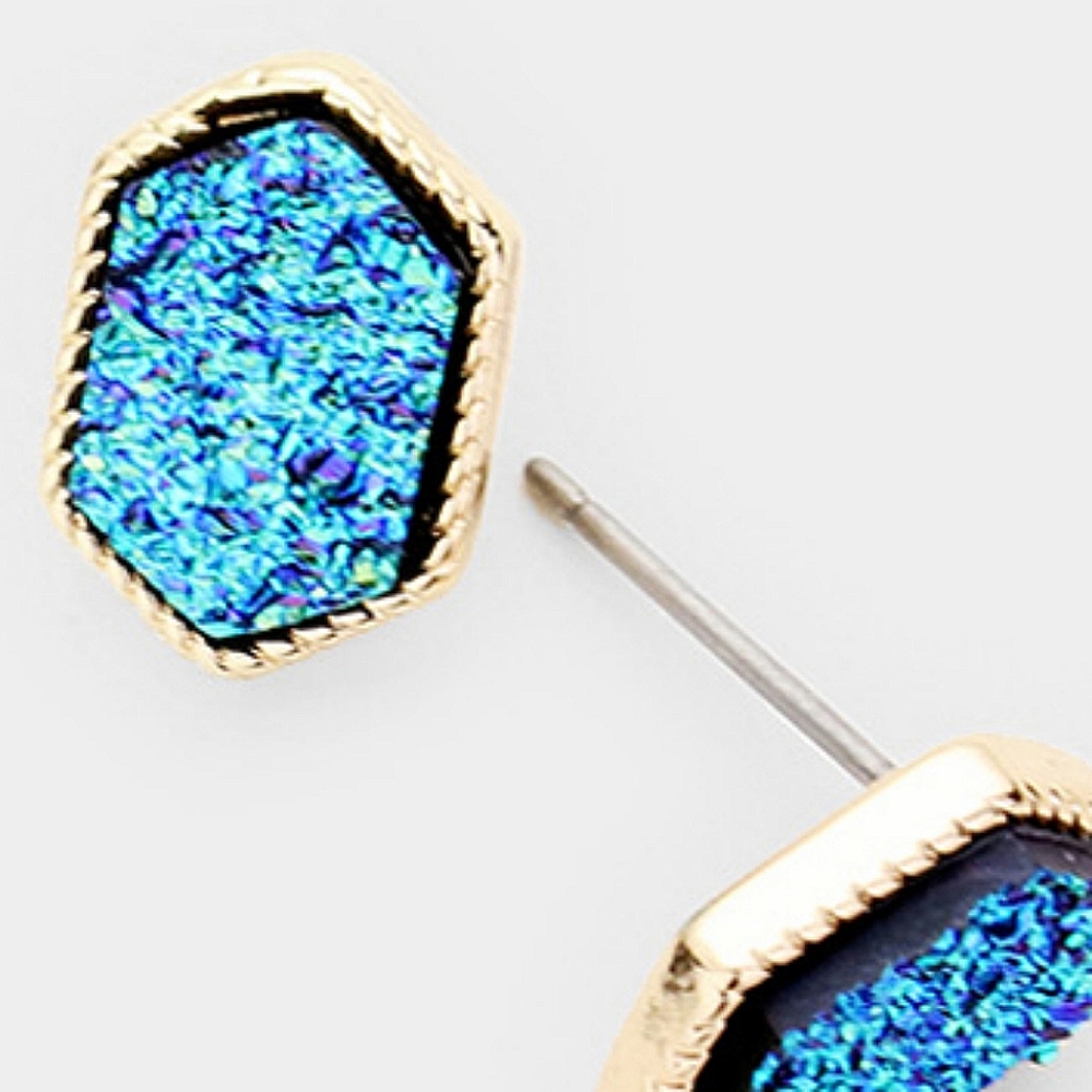Blue Hematite Hexagonal Druzy Stud Earrings 0.5" Post Simple Jewelry Stone Gold - Picture 2 of 4